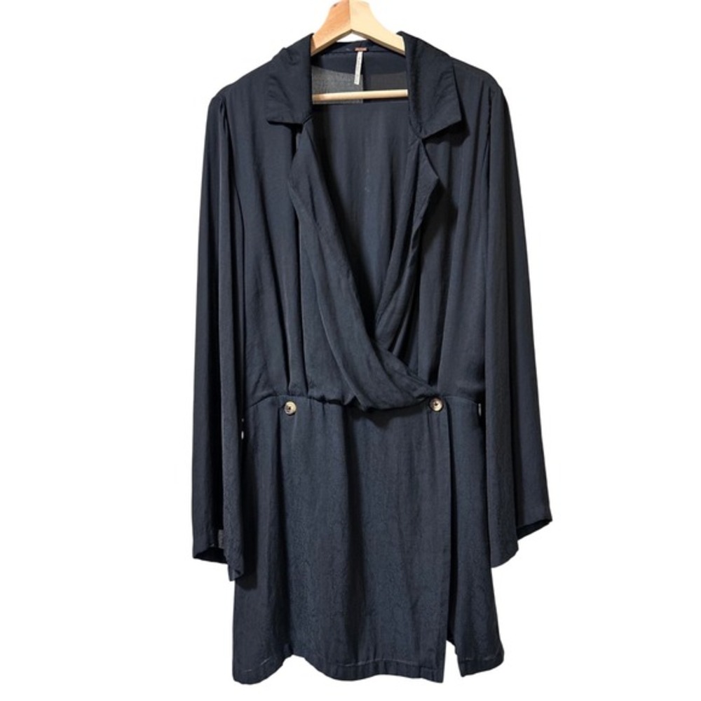 Free People Blue Charcoal Collar‎ Snake Double Button Flare Coquette Mob Dress L
